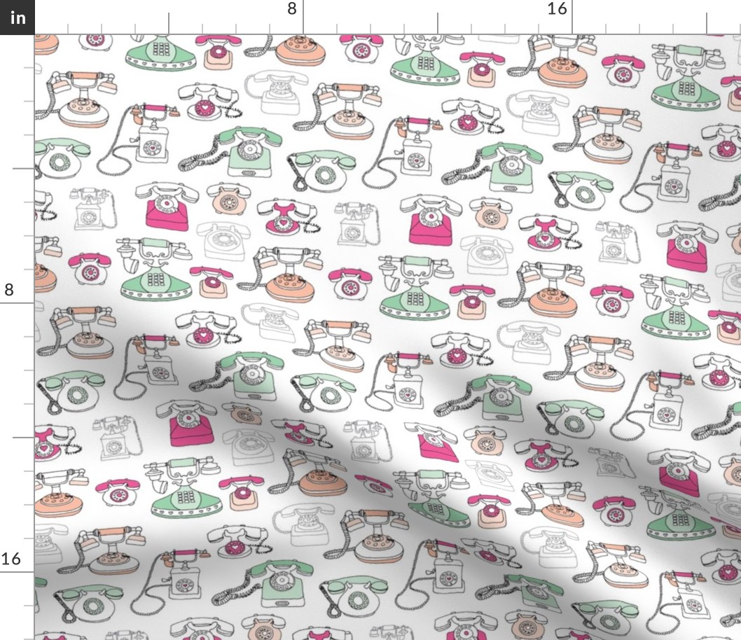 Vintage telephone who's calling communication fabric pattern