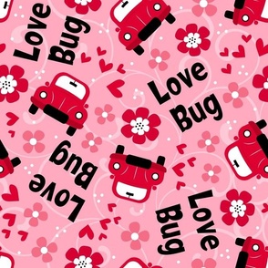 Large Scale Love Bug Little Red Cars Hearts and Flowers on Pink