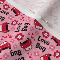 Small Scale Love Bug Little Red Cars Hearts and Flowers on Pink