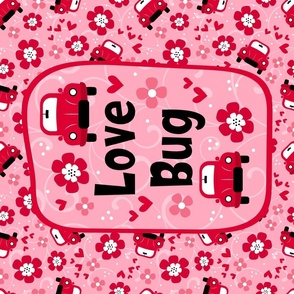 Large 27x18 Fat Quarter Panel Love Bug Little Red Cars Hearts and Flowers for Wall Hanging or Tea Towel
