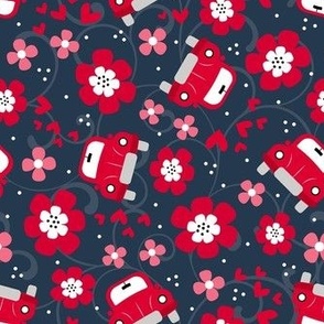 Medium Scale Love Bug Little Red Cars Hearts and Flowers on Navy