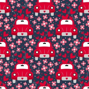 Large Scale Love Bug Little Red Cars Hearts and Flowers on Navy