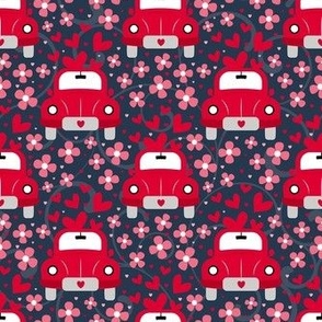 Medium Scale Love Bug Little Red Cars Hearts and Flowers on Navy