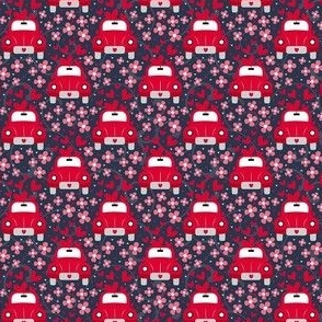Small Scale Love Bug Little Red Cars Hearts and Flowers on Navy