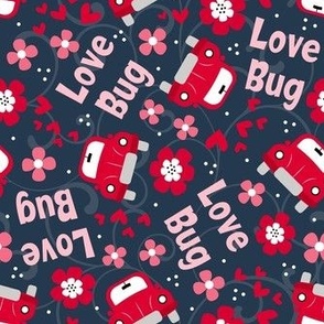 Medium Scale Love Bug Little Red Cars Hearts and Flowers on Navy