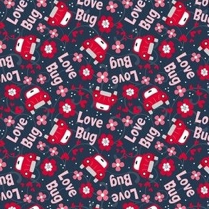 Small Scale Love Bug Little Red Cars Hearts and Flowers on Navy