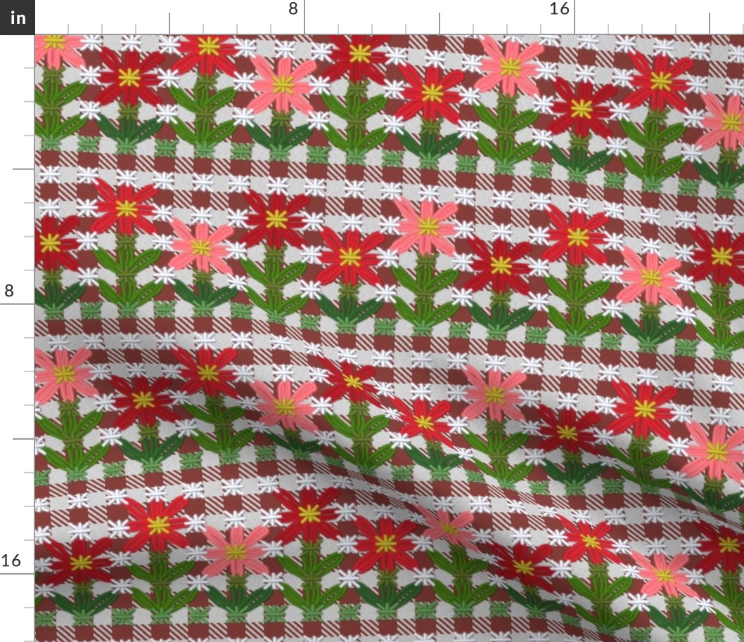 Red and Pink Chickenscratch Flowers on Brown Gingham
