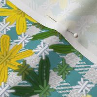 Yellow Chickenscratch Flowers on Turquoise Blue Gingham