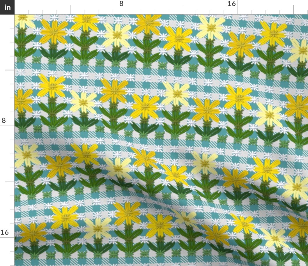 Yellow Chickenscratch Flowers on Turquoise Blue Gingham