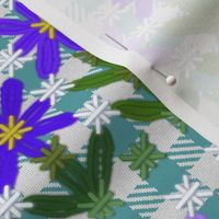Blue Violet Chickenscratch Flowers on Turquoise Blue Gingham