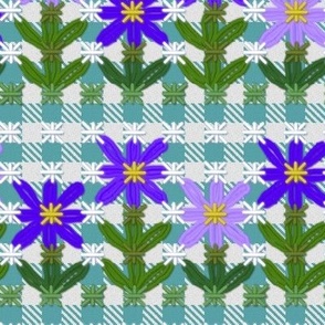 Blue Violet Chickenscratch Flowers on Turquoise Blue Gingham