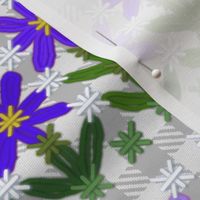 Blue Violet Chickenscratch Flowers on Gray Gingham