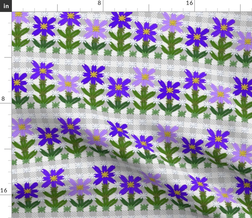 Blue Violet Chickenscratch Flowers on Gray Gingham