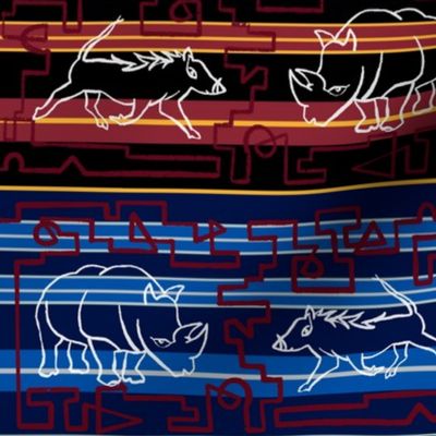 Rhinocerous, Warthog two-color continuous line on stripes blue, red