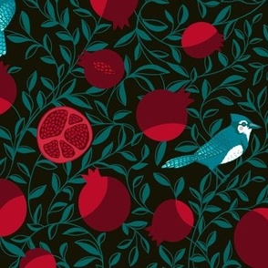 Pomegranate and blue jays_green