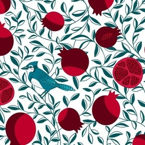 Pomegranate and blue jays_white