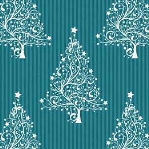 Filigree Christmas Trees in White on Teal Painted Pinstripes