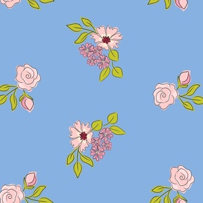 Large Scale Pink Floral Light Blue Background