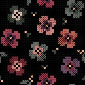 Cross Stitch Floral Pansies and Leaves