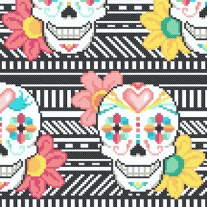 Smiling Cross Stitch Sugar Skulls on Black and White - Large