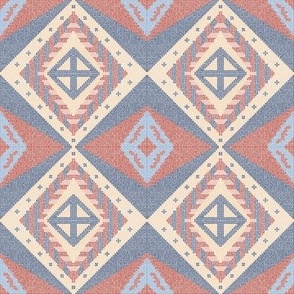 Small scale tribal ethnic boho diamond faux cross-stitch lattice pattern in denim blue and orange - for grass cloth wallpaper, teenager duvet cover, kids bed linen, boho cushions, vintage tablecloths, bohemian geometric crafts 