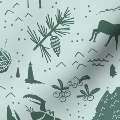 Maine Adventure (larger)  // hand drawn, blues, lobster, lighthouse, moose, and other state symbols