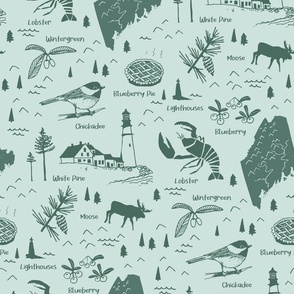 Maine Adventure with text labels (medium) // hand drawn, blues, lobster, moose, and other state symbols