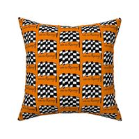 checkered flag lets go racing on orange