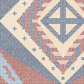 Large scale tribal ethnic boho diamond faux cross-stitch lattice pattern in denim blue and orange - for grass cloth wallpaper, teenager duvet cover, kids bed linen, boho cushions, vintage tablecloths, bohemian geometric crafts 