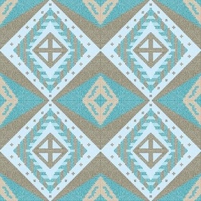 Small scale tribal ethnic boho diamond faux cross-stitch lattice pattern in aqua turquoise and chocolate - for grass cloth wallpaper, teenager duvet cover, kids bed linen, boho cushions, vintage tablecloths, bohemian geometric crafts 