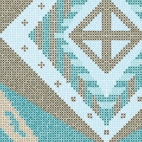 Large scale tribal ethnic boho diamond faux cross-stitch lattice pattern in aqua turquoise and chocolate - for grass cloth wallpaper, teenager duvet cover, kids bed linen, boho cushions, vintage tablecloths, bohemian geometric crafts 