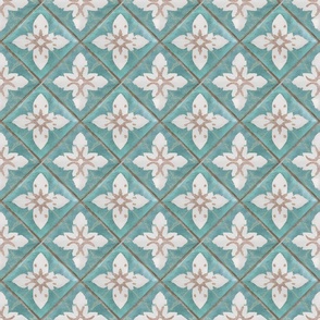 Weathered Zellige Floral Tiles in Turquoise and White