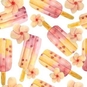 Pink and Peach Popsicle Ice Cream Watercolor Pattern with Flowers