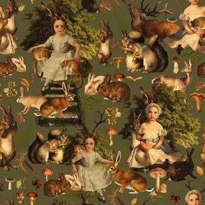 Costumer Request 7" Victorian  Fairytale, little girls and bunnies in autumn woodland - dark green wallpaper
