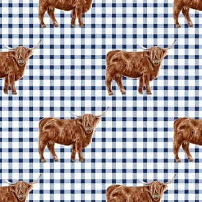 Blue and White Highland Cow Gingham 12 inch