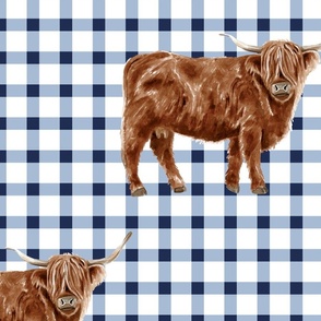 Blue and White Highland Cow Gingham 24 inch