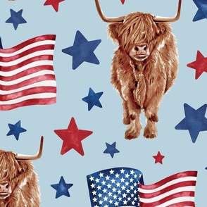 Patriotic USA Highland Cow and Stars on Blue 24 inch