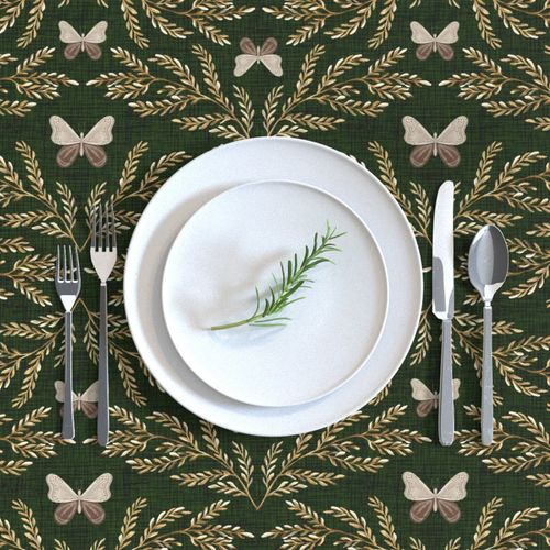 1514 T large - Moth Damask - Forest Green Linen