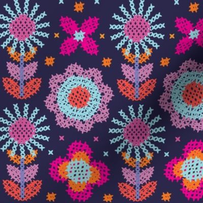 Medium Scale Cross Stitch Geometric Flowers in Pink, Blue on Navy