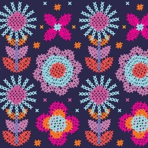 Medium Scale Cross Stitch Geometric Flowers in Pink, Blue on Navy