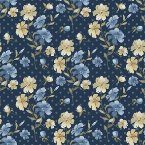 Bigger Scale Shabby Watercolor Flowers Blue and Cream and Gold on Navy Polkadot