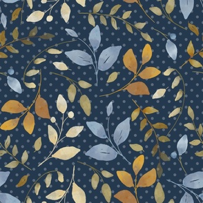Bigger Scale Shabby Watercolor Leaves and Stems Blue and Cream and Gold on Navy Polkadot
