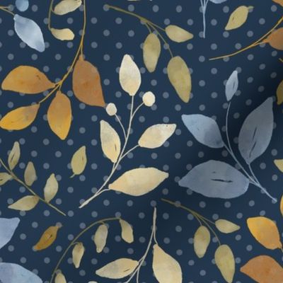 Smaller Scale Shabby Watercolor Leaves and Stems Blue and Cream and Gold on Navy Polkadot