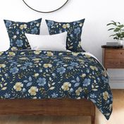 Bigger Scale Shabby Watercolor Flowers Blue Cream and Gold on Navy Polkadot