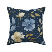 Bigger Scale Shabby Watercolor Flowers Blue Cream and Gold on Navy Polkadot