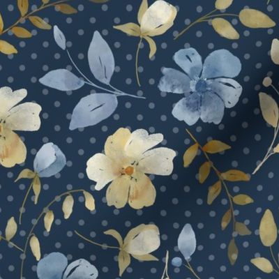 Smaller Scale Shabby Watercolor Flowers Blue Cream and Gold on Navy Polkadot