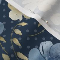 Smaller Scale Shabby Watercolor Flowers Blue Cream and Gold on Navy Polkadot