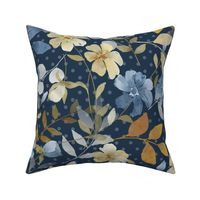 Bigger Scale Shabby Watercolor Flowers Blue Cream and Gold on Navy Polkadot