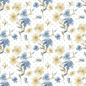 Smaller Scale Shabby Watercolor Flowers Blue Cream and Gold on White Polkadot