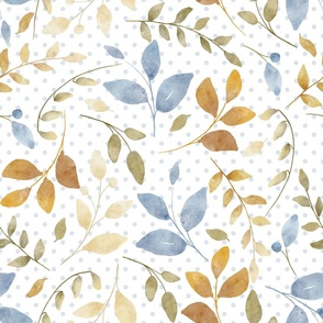 Bigger Scale Shabby Watercolor Leaves and Stems Blue Cream and Gold on White Polkadot